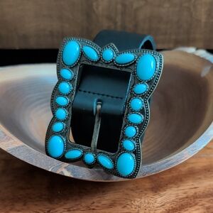 Danier Vintage Turquoise Embellished Black Leather Belt